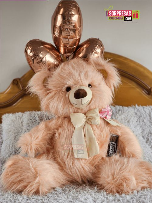 Oso Gigante Fluffy Rosa con Globos y Chocolates